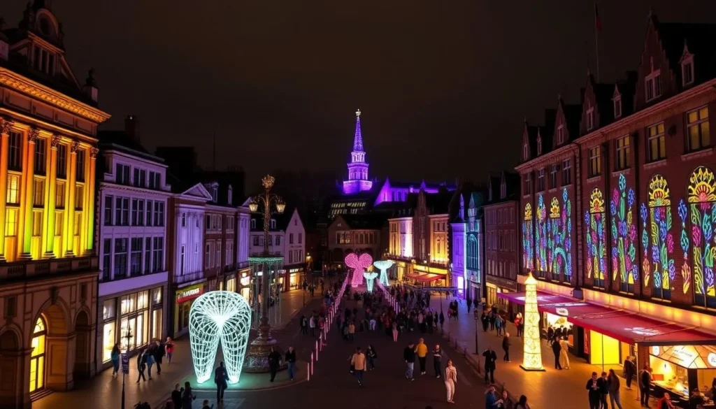 Generate an image of Durham's city center during the Lumiere Festival with light installations.