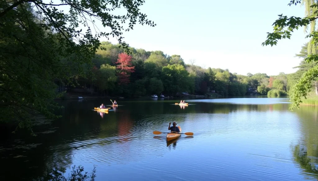 Generate an image of Eagle Creek Park's serene lake surrounded by lush greenery and a few kayakers.