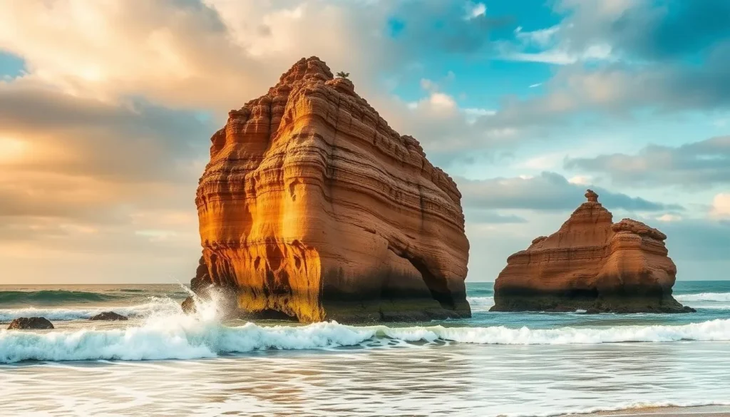 Generate an image of Eagles Nest sandstone sea stack during high tide.