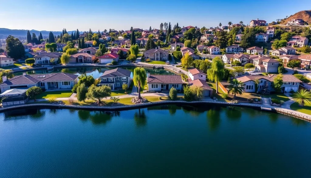 Generate an image of East Lake Village in Yorba Linda, showcasing its serene man-made lake and surrounding homes.