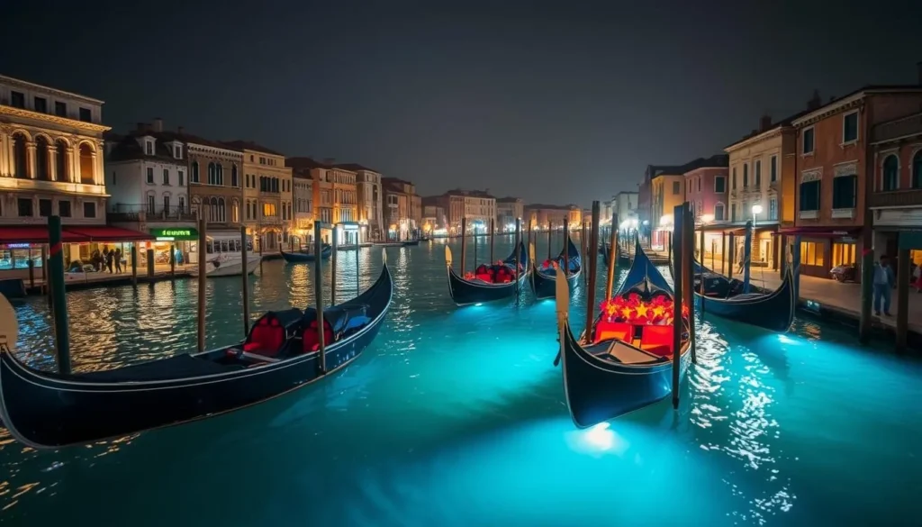 Generate an image of East Port Venice Water City at night with gondolas gliding through the canals.