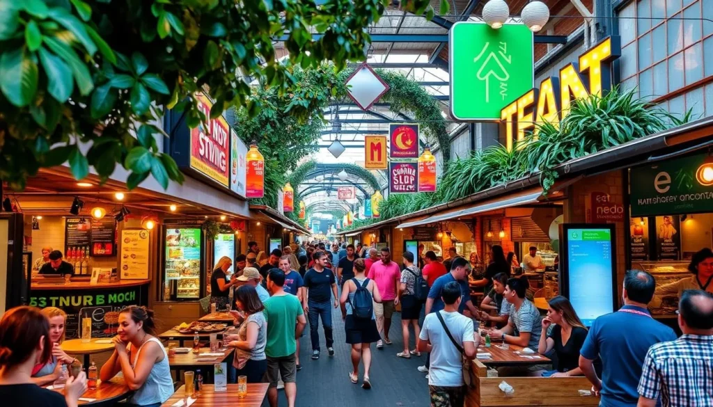 Generate an image of Eat Street Northshore in Brisbane, showcasing its vibrant atmosphere and diverse dining options.