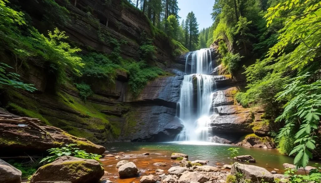 Generate an image of Eden Falls, a picturesque waterfall in Lost Valley Trail.