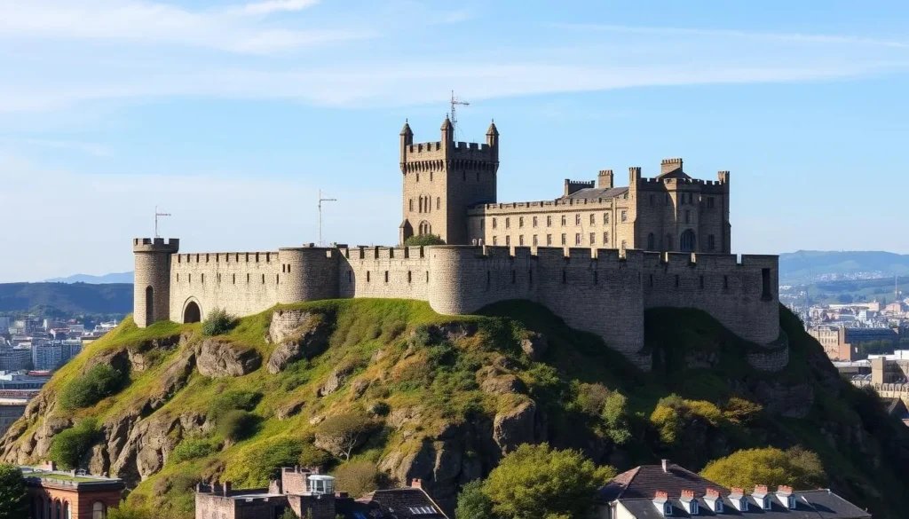 Generate an image of Edinburgh Castle perched atop Castle Rock, dominating the Edinburgh skyline.