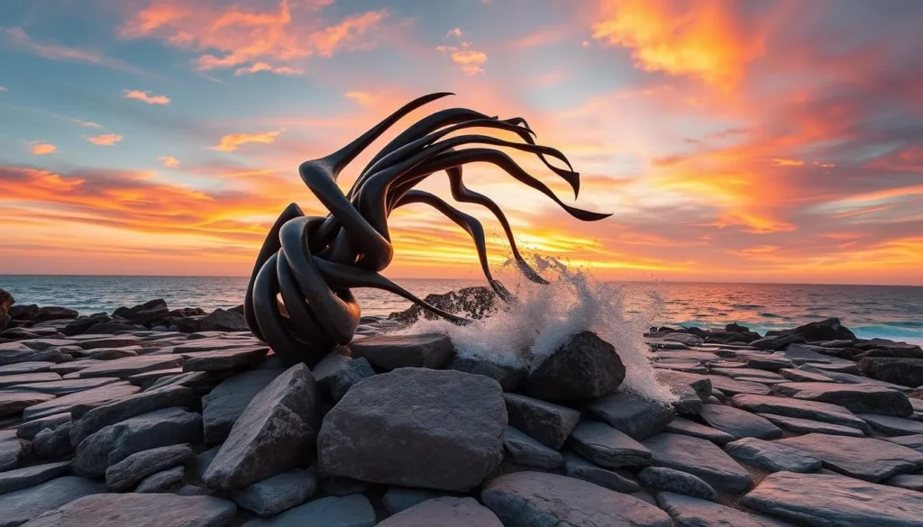 Generate an image of Eduardo Chillida's "Peine del Viento" sculpture at sunset, with the wind combing through the rocks and sea in the background.