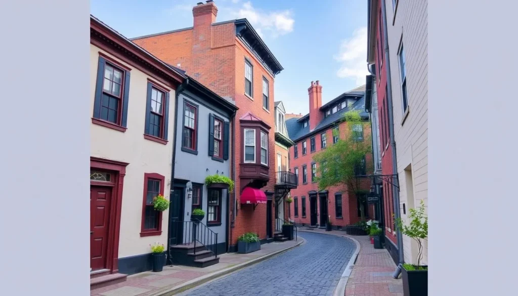 Generate an image of Elfreth's Alley with historic homes and cobblestone street.