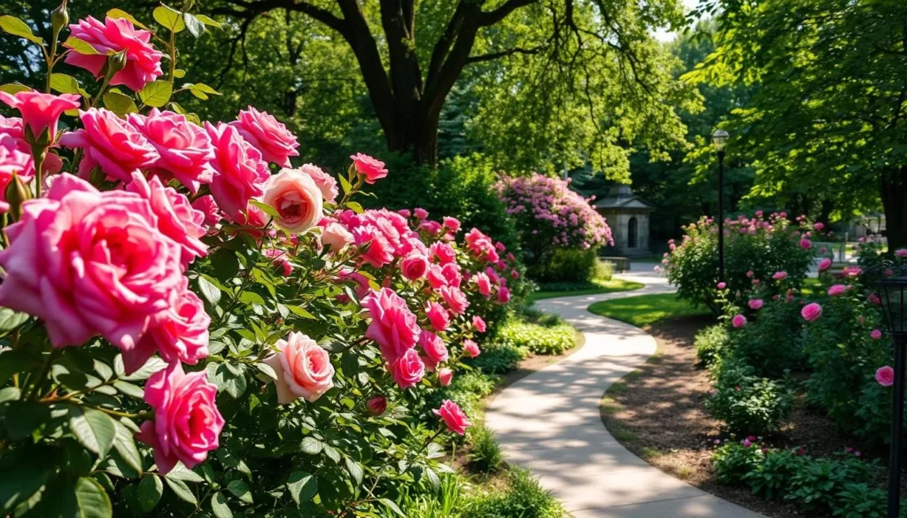 Generate an image of Elizabeth Park Conservancy's Rose Garden, showcasing its vibrant rose bushes and serene atmosphere.