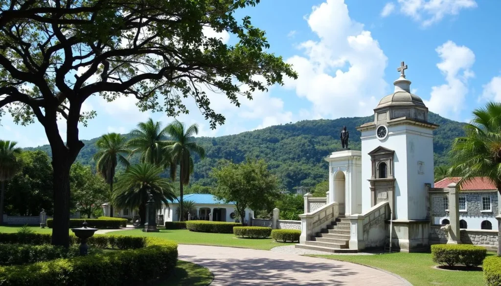 Generate an image of Emancipation Garden in Charlotte Amalie, showcasing its serene atmosphere and historical monuments.