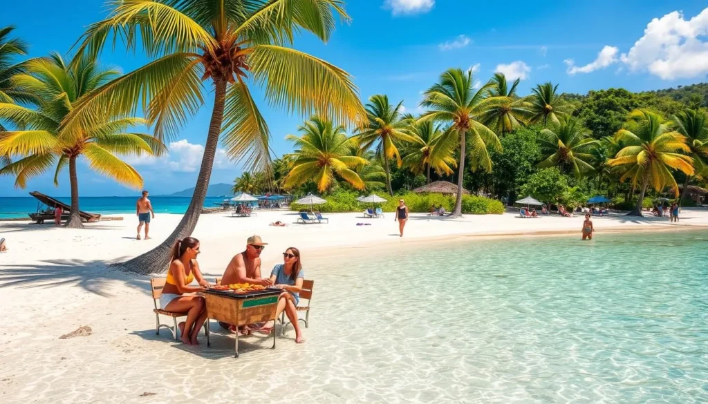 Generate an image of Escambrón Beach with clear waters, palm trees, and families grilling. Generate an image of Escambrón Beach with clear waters, palm trees, and families grilling.
