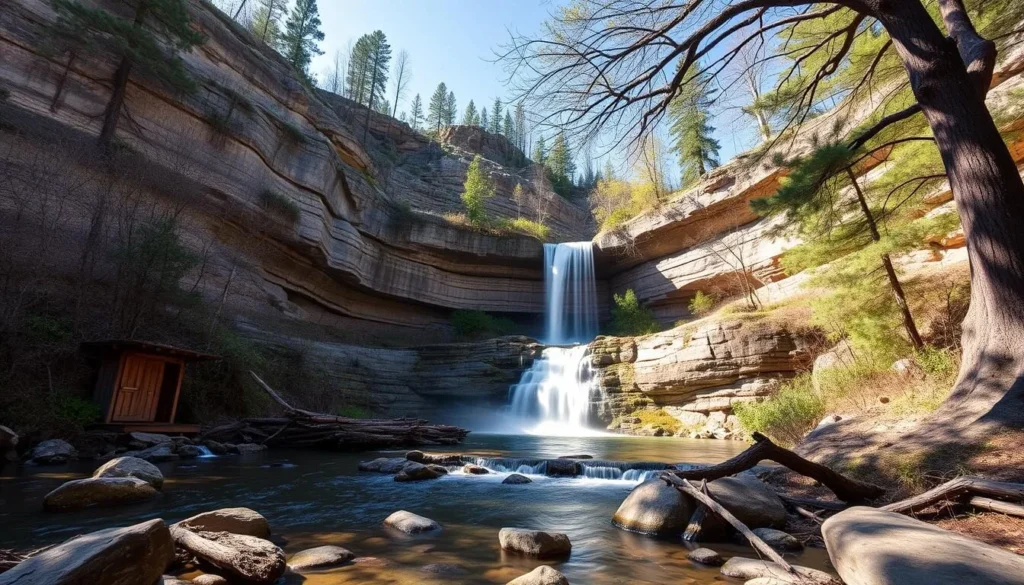 Generate an image of Fallingwater, showcasing its integration with the surrounding natural landscape.