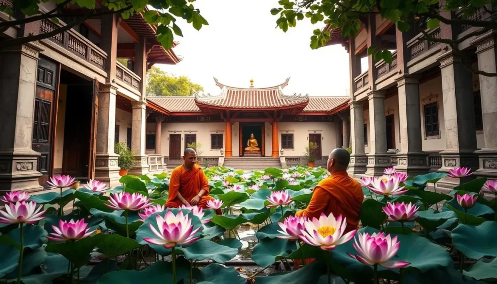 Generate an image of Faxi Temple's serene courtyard with monks meditating and lotus flowers blooming.