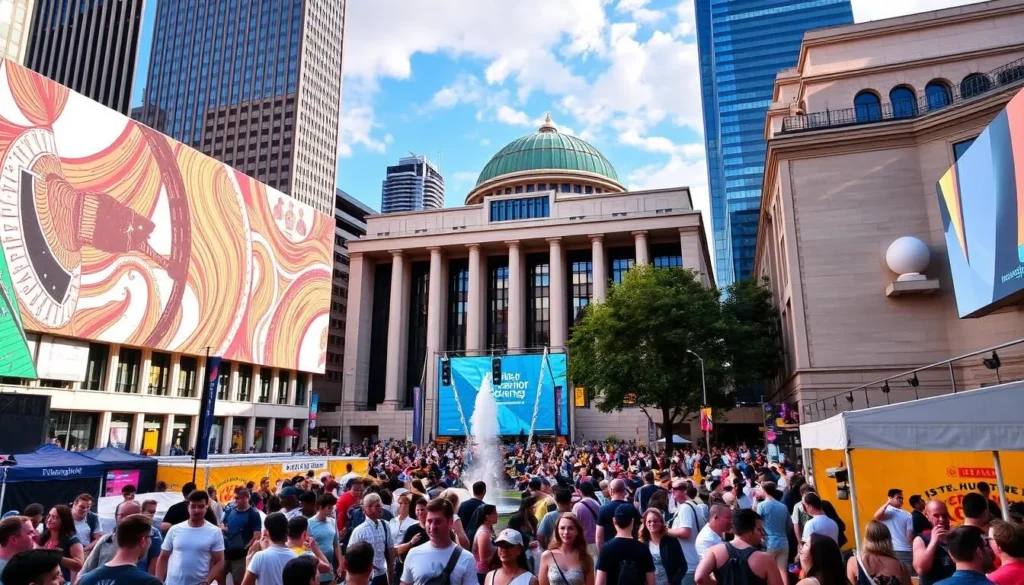 Generate an image of Federation Square during a vibrant cultural event, showcasing its modern architecture and lively atmosphere.