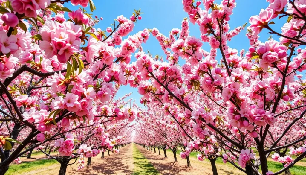 Generate an image of Feicheng Peach Orchards in full bloom with peach blossoms.