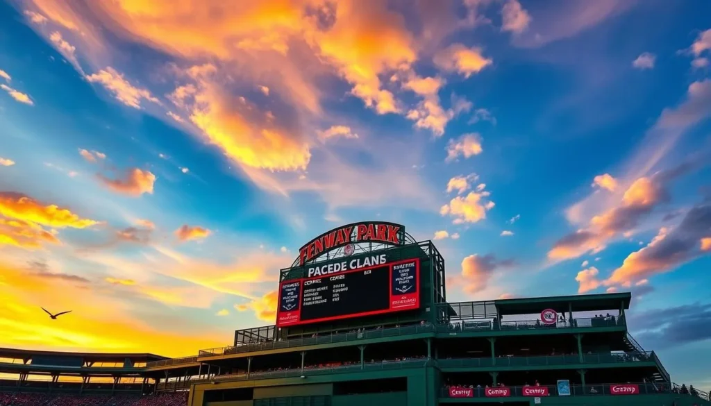 Generate an image of Fenway Park's iconic Green Monster and hand-operated scoreboard.
