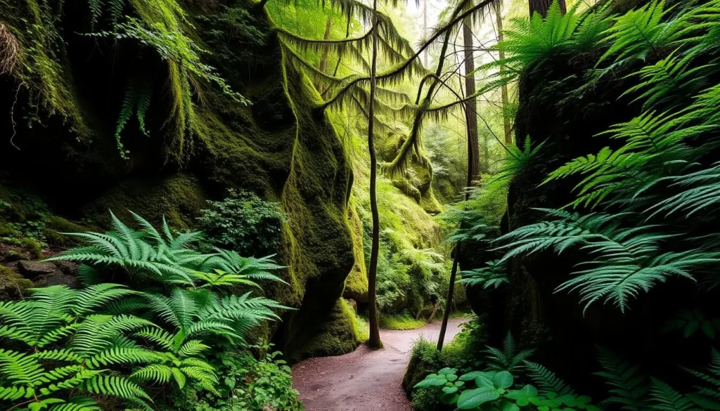 Generate an image of Fern Canyon Trail with lush greenery and ferns covering the canyon walls.