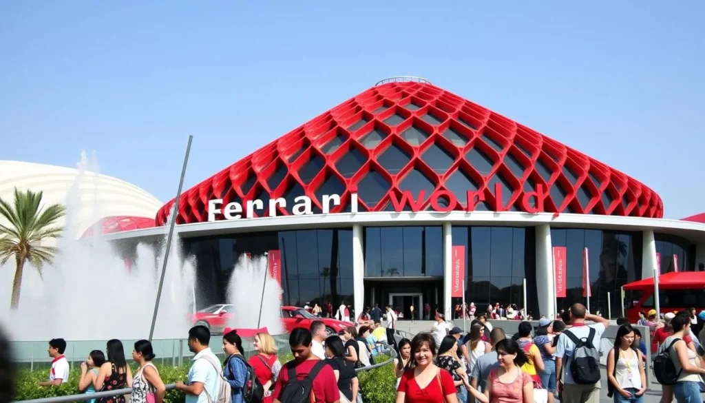 Generate an image of Ferrari World Abu Dhabi's iconic red-roofed structure with visitors enjoying the rides.