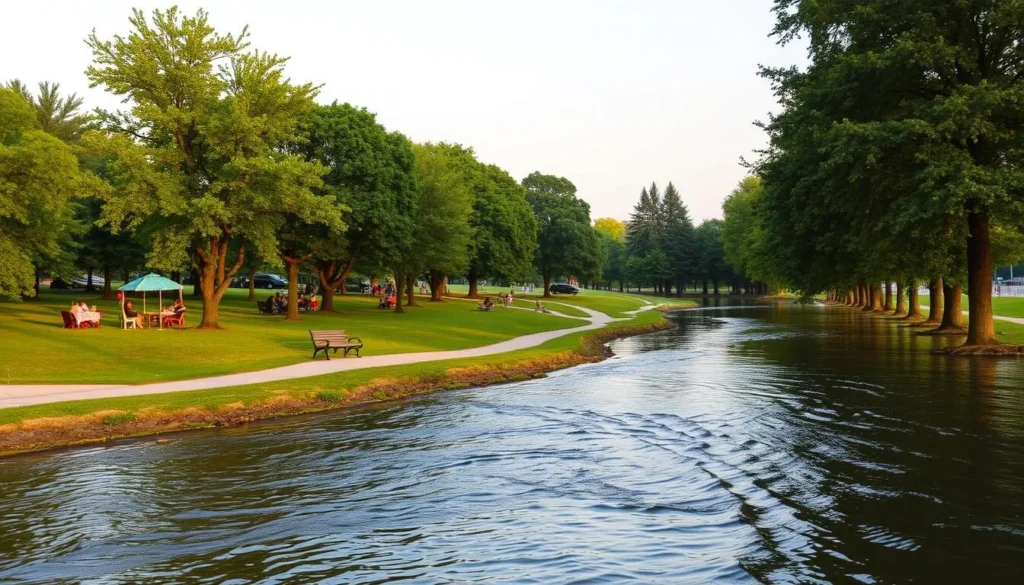 Generate an image of Festival Park along the Ohio River, showcasing its serene setting ideal for picnics and relaxation.