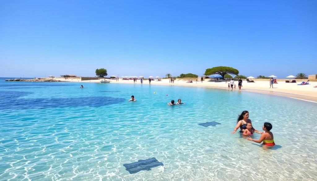 Generate an image of Fig Tree Bay in Protaras, showcasing its calm and shallow waters perfect for families. Generate an image of Fig Tree Bay in Protaras, showcasing its calm and shallow waters perfect for families.