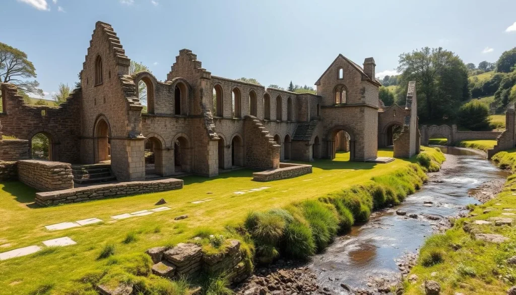 Generate an image of Finchale Priory's ruins with the River Wear in the background.