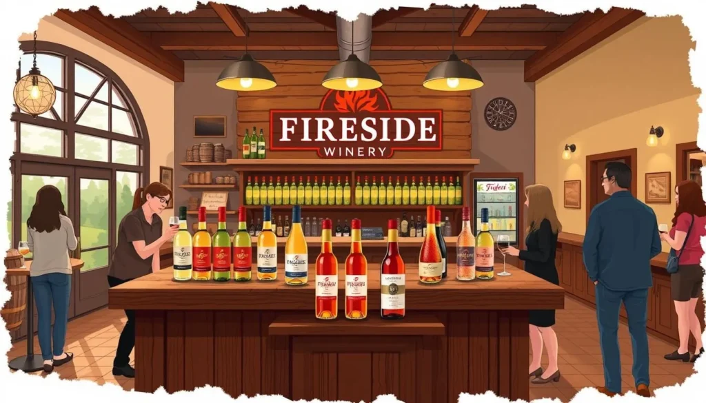 Generate an image of Fireside Winery's tasting room with a selection of their Fireciders.