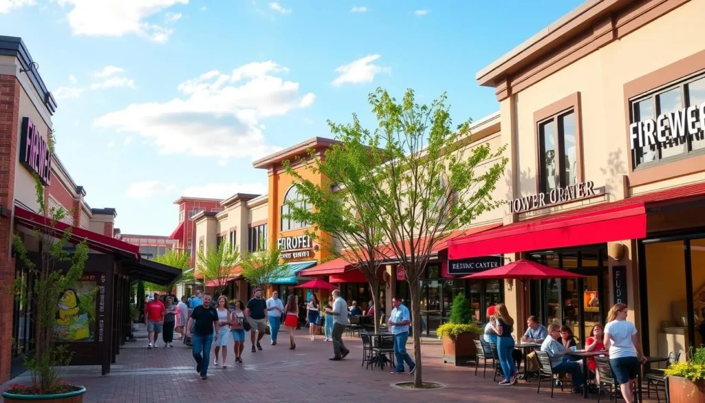 Generate an image of Firewheel Town Center's outdoor shopping area with various stores and restaurants.