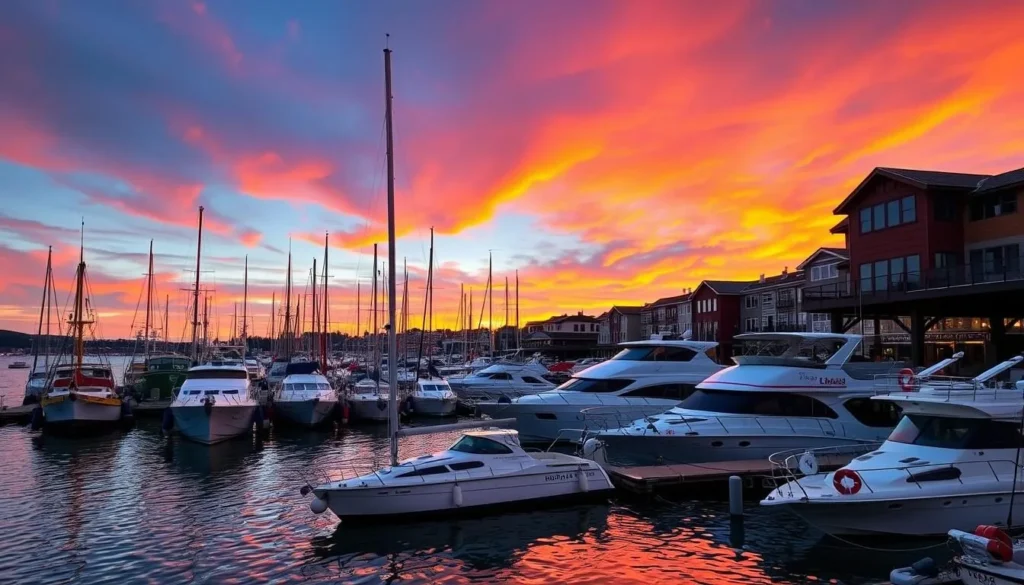 Generate an image of Fisherman's Wharf at sunset with traditional and modern boats.