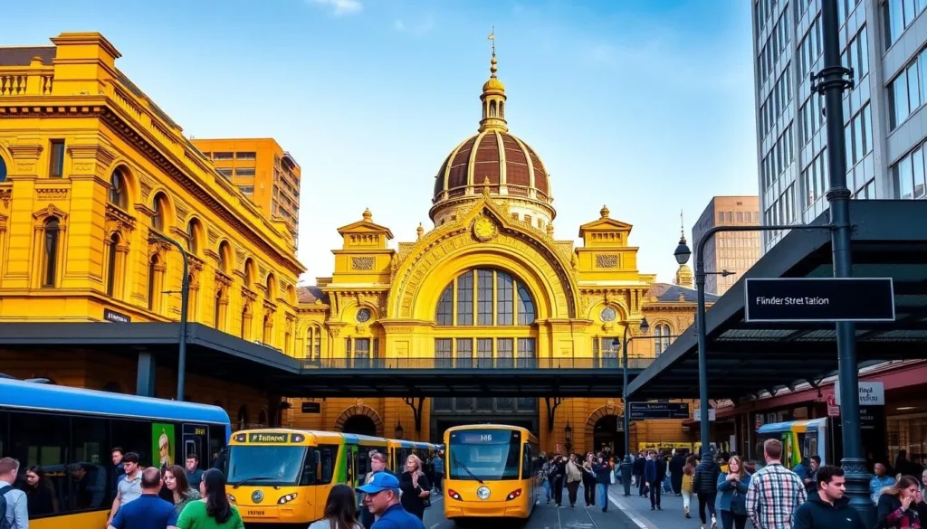 Generate an image of Flinders Street Station's grand dome and yellow facade during a busy morning commute.