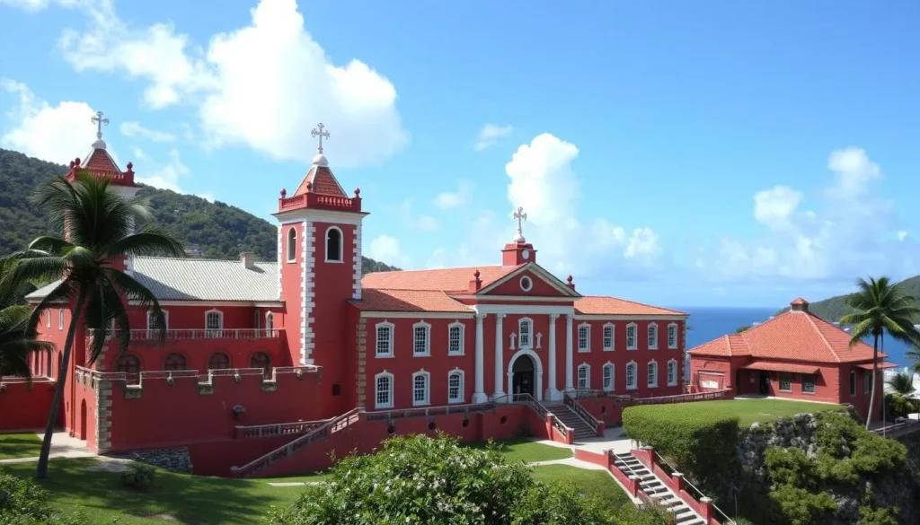 Generate an image of Fort Christian in Charlotte Amalie, St. Thomas, with its distinctive red structure and historic architecture.