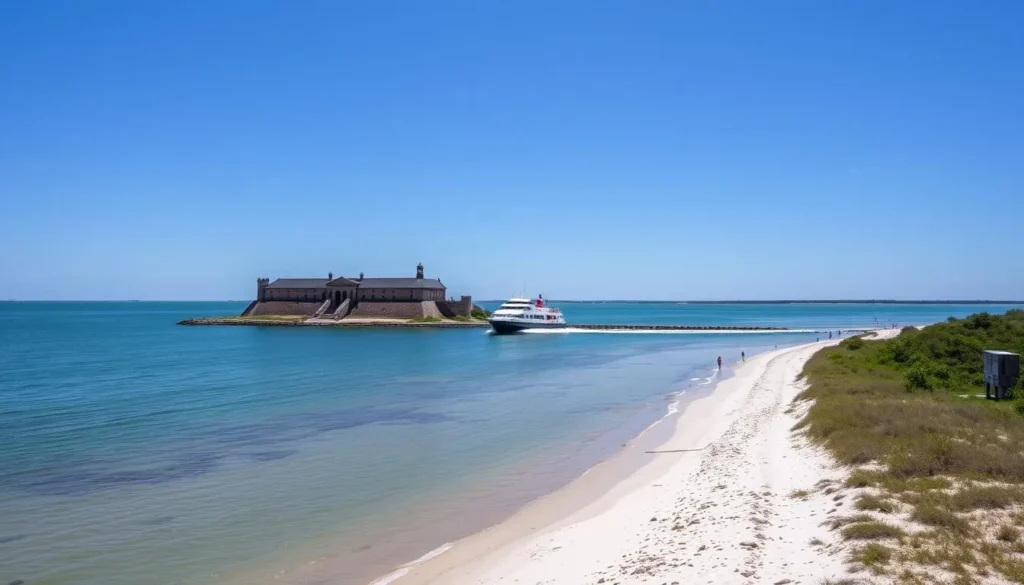 Generate an image of Fort Matanzas on Rattlesnake Island, with a ferry approaching the shore. Generate an image of Fort Matanzas on Rattlesnake Island, with a ferry approaching the shore.