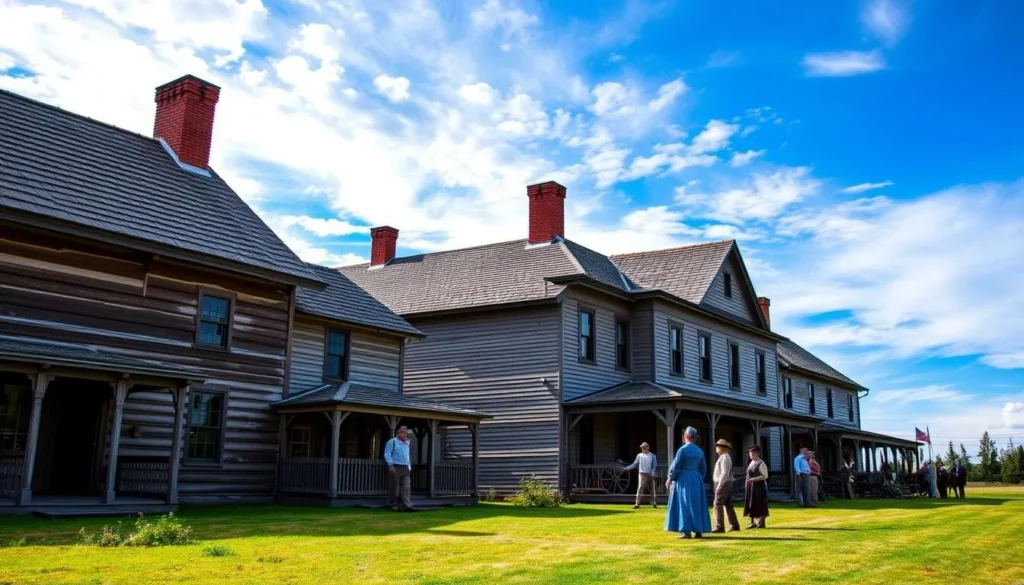 Generate an image of Fort Vancouver National Historic Site with reconstructed buildings and interpreters in period clothing.