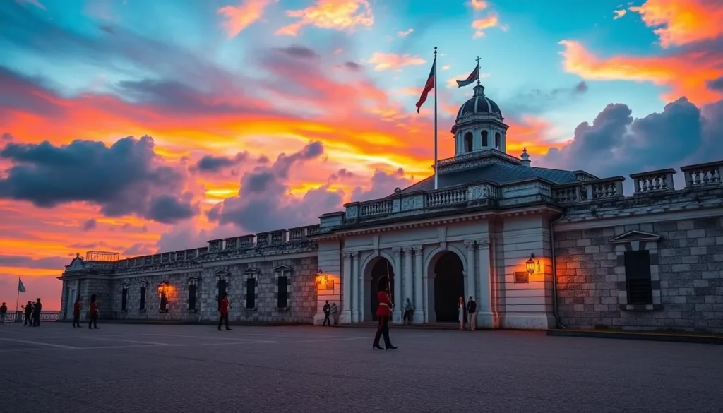 Generate an image of Forte de Copacabana at sunset with the changing of the guard ceremony in progress.