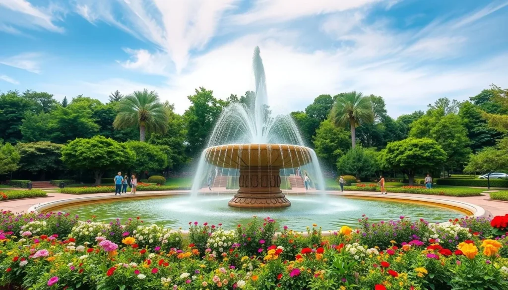 Generate an image of Fountain Park with its impressive fountain and green spaces.