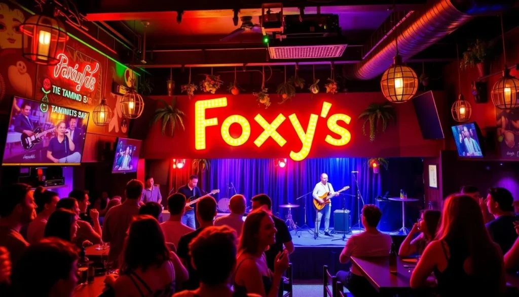 Generate an image of Foxy's Tamarind Bar with its vibrant atmosphere and patrons enjoying live music.