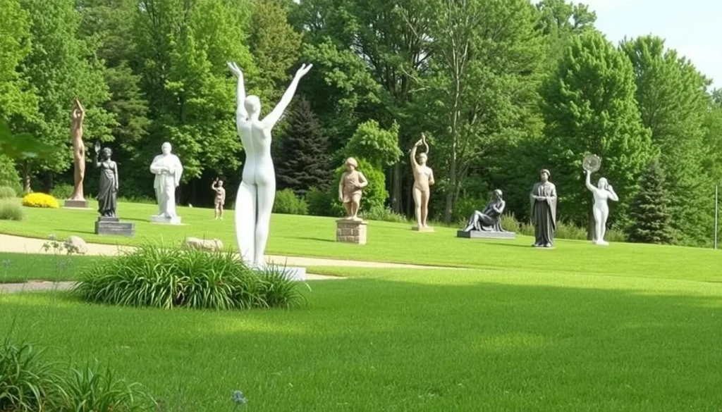 Generate an image of Franconia Sculpture Park with contemporary sculptures in a natural setting.
