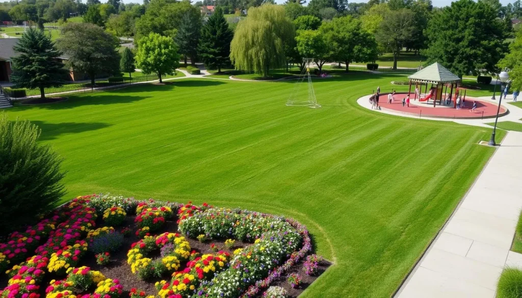 Generate an image of Frank Webb Memorial Park with lush green spaces and a playground.