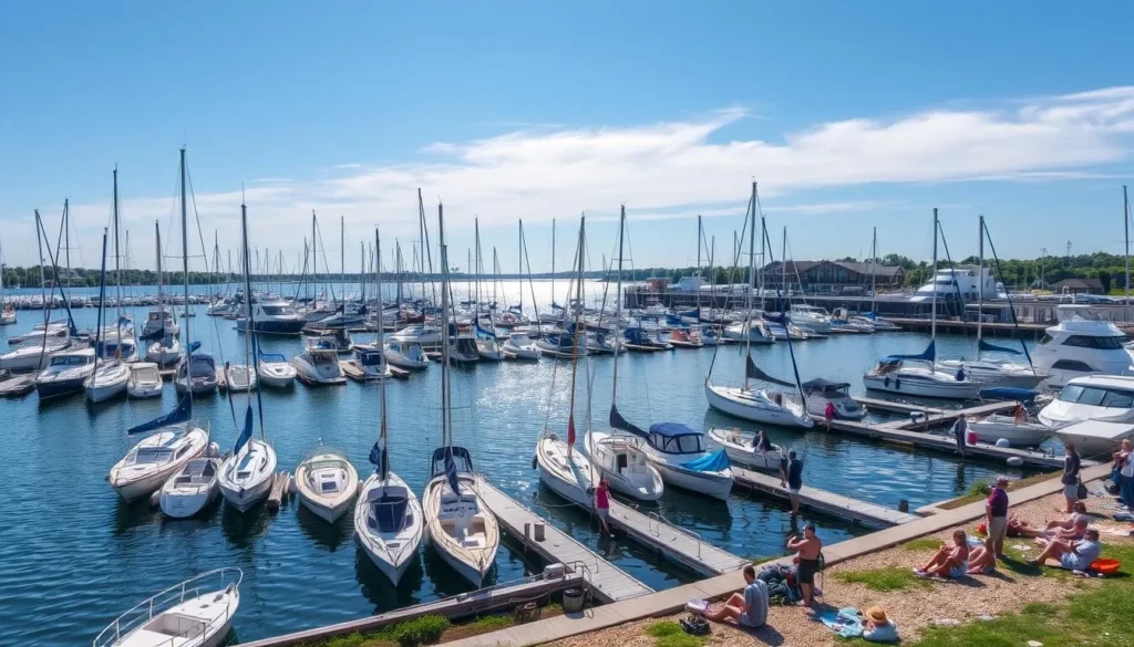 Generate an image of Frankfort Marina with boats docked and people enjoying waterfront activities.