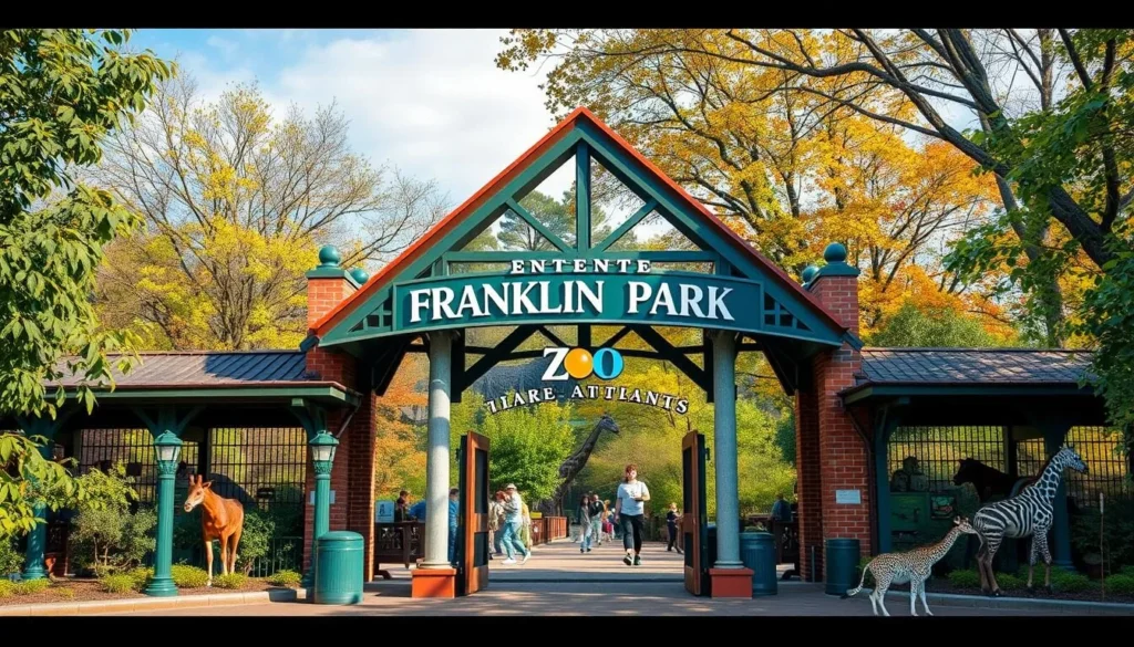 Generate an image of Franklin Park Zoo's main entrance with various animals in the background.