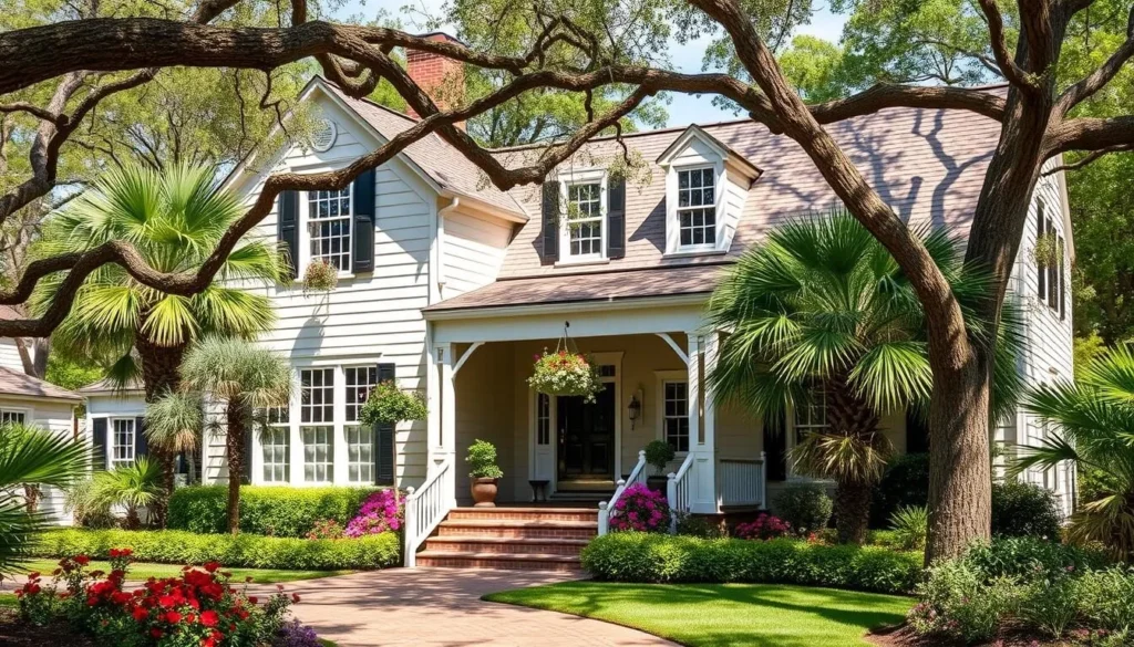 Generate an image of Freshfields Village, showcasing its charming Lowcountry architecture and lush landscaping.