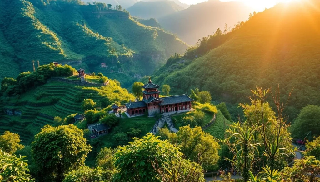 Generate an image of Fule Mountain's lush vegetation and ancient temples.