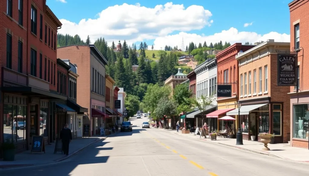 Generate an image of Galena's Main Street with historic buildings and shops.