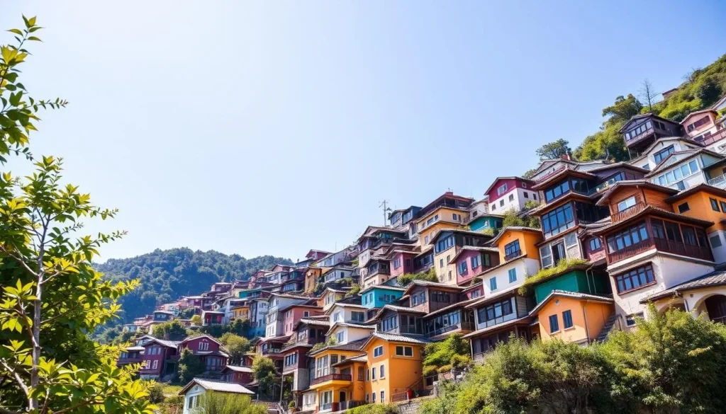 Generate an image of Gamcheon Culture Village with its colorful houses cascading down the hillside.