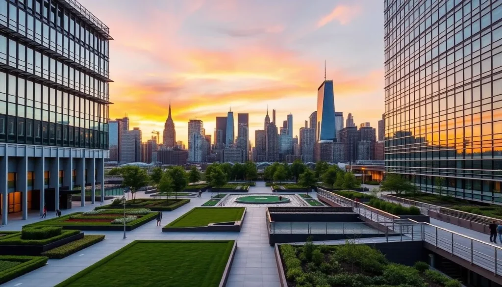 Generate an image of Gantry Plaza State Park with the Manhattan skyline in the background.