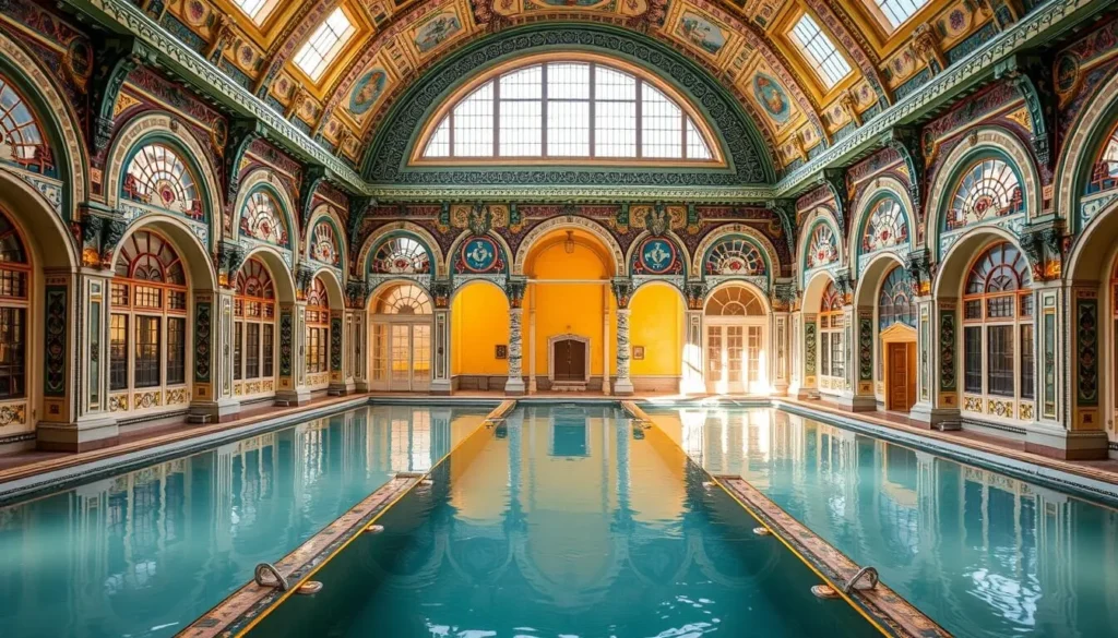 Generate an image of Gellért Thermal Bath's interior, showcasing its ornate details and thermal pools.
