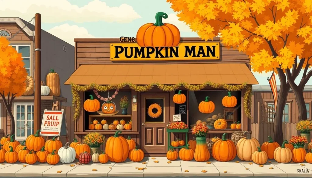 Generate an image of Gene the Pumpkin Man's storefront in Kalamazoo