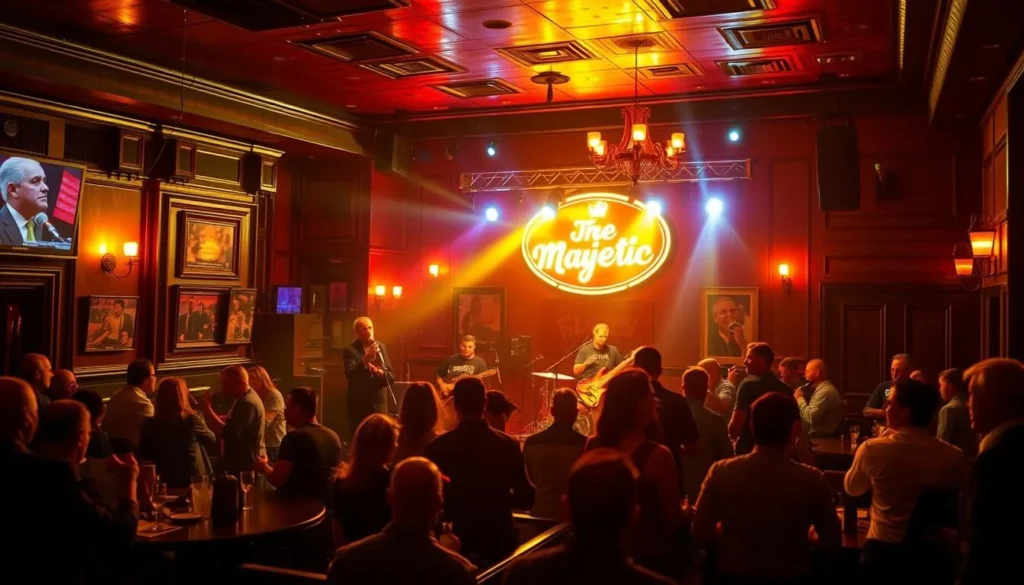 Generate an image of George's Majestic Lounge interior, showcasing its cozy atmosphere and a live band performing on stage.