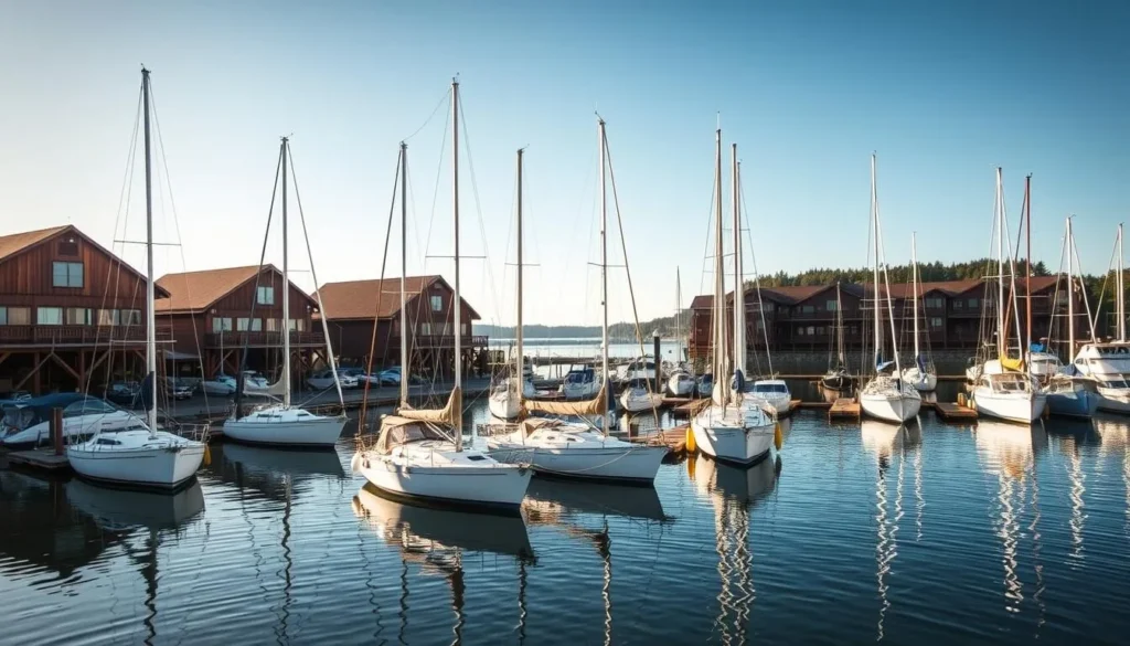 Generate an image of Gig Harbor's marina with sailboats and historic net sheds.