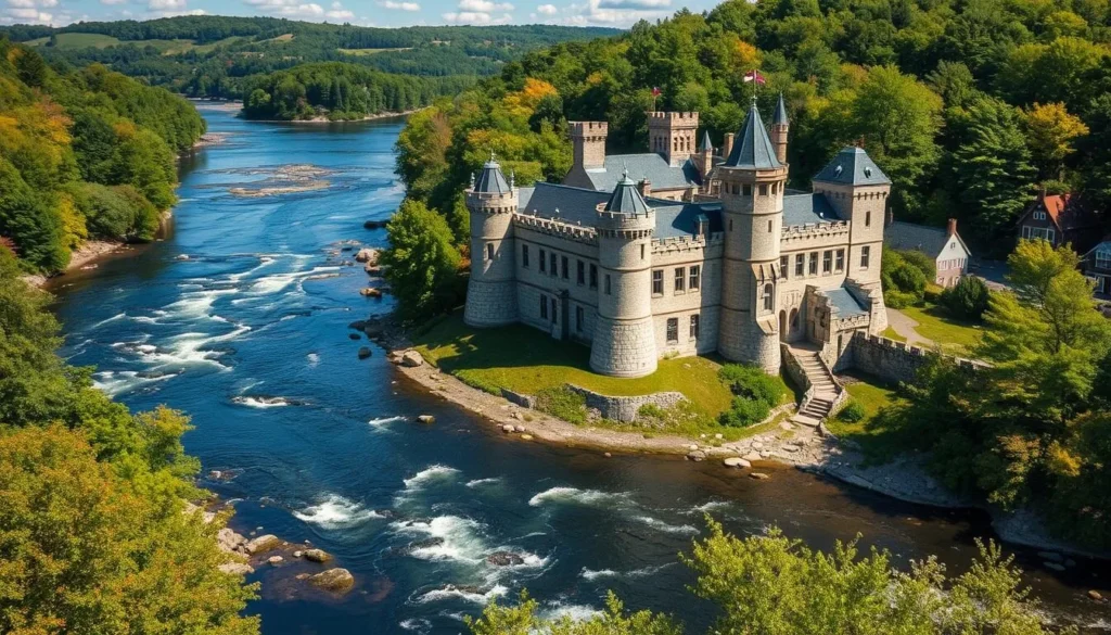 Generate an image of Gillette Castle State Park's unique architecture and the Connecticut River.