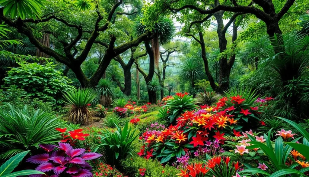 Generate an image of Glacier Gardens Rainforest Adventure with lush trees and vibrant flowers.