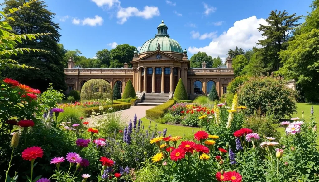 Generate an image of Glasgow Botanic Gardens with Kibble Palace in the background.