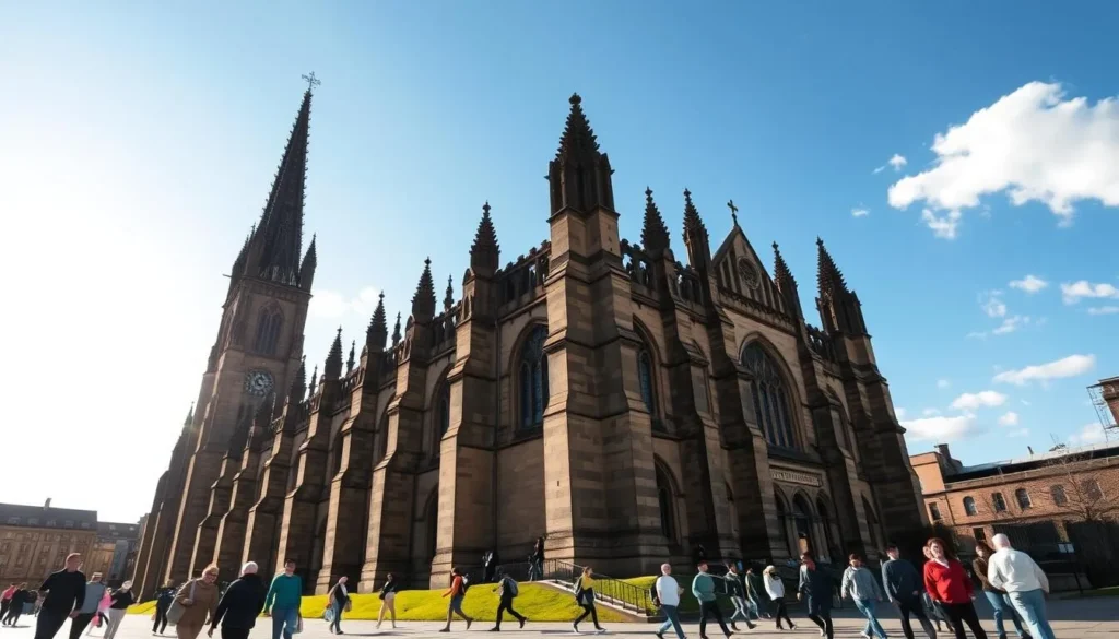 Generate an image of Glasgow Cathedral on a sunny day with people walking around it.